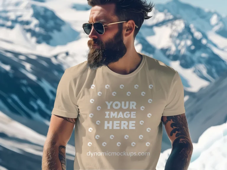 Man Wearing Beige T-shirt Mockup Front View Template