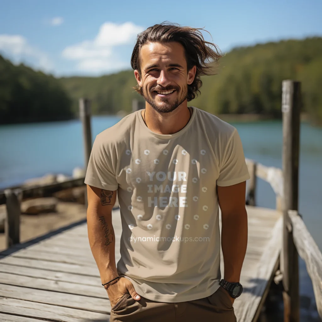 Man Wearing Beige T-shirt Mockup Front View Template