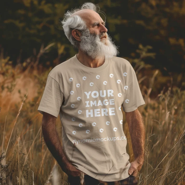 Man Wearing Beige T-shirt Mockup Front View Template