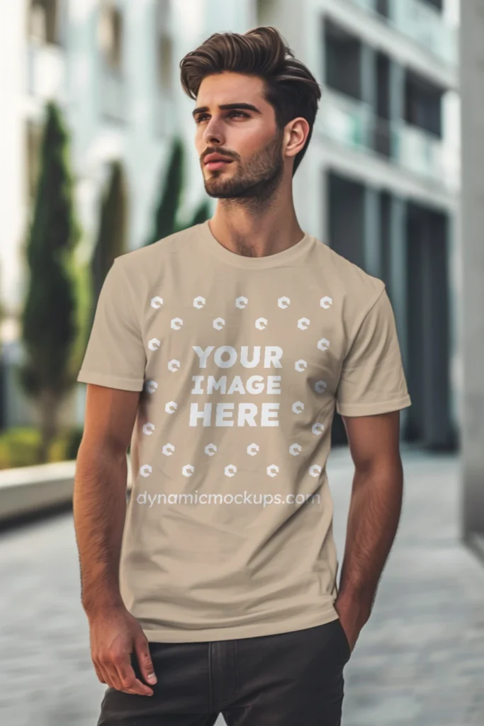 Man Wearing Beige T-shirt Mockup Front View Template