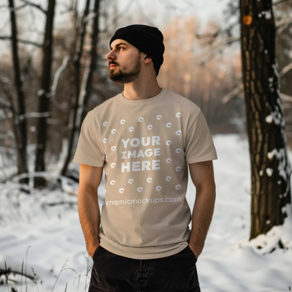 Man Wearing Beige T-shirt Mockup Front View Template