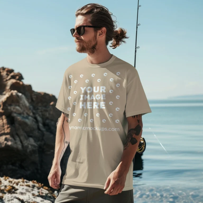 Man Wearing Beige T-shirt Mockup Front View Template