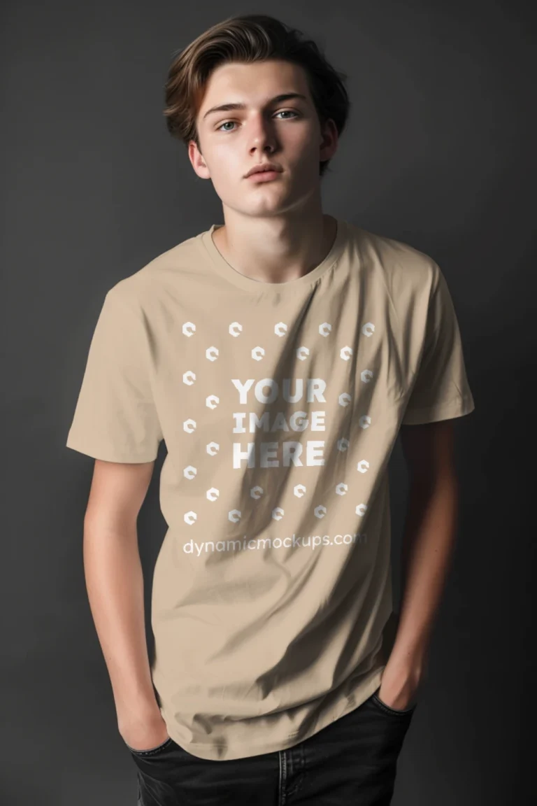 Man Wearing Beige T-shirt Mockup Front View Template