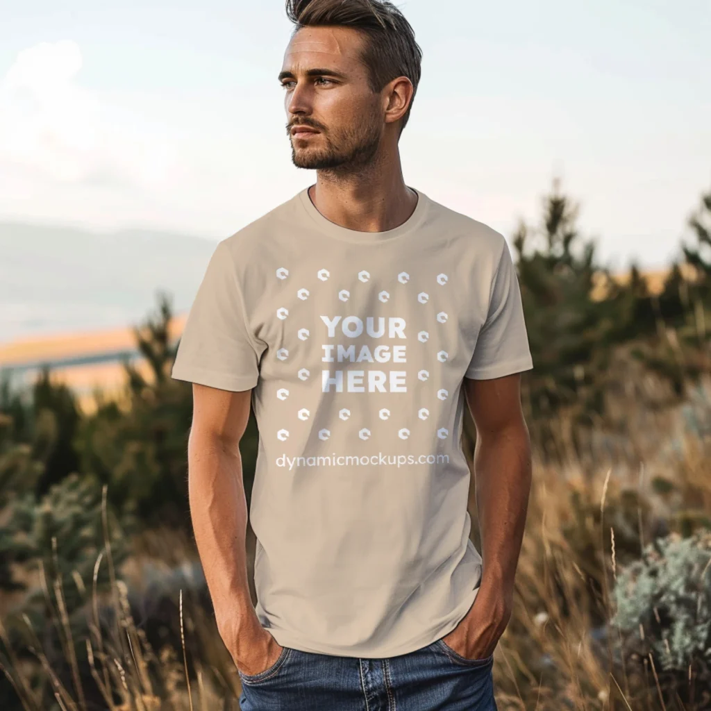 Man Wearing Beige T-shirt Mockup Front View Template