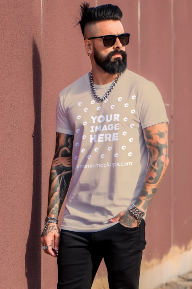 Man Wearing Beige T-shirt Mockup Front View Template