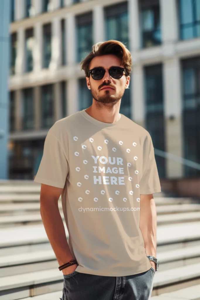 Man Wearing Beige T-shirt Mockup Front View Template