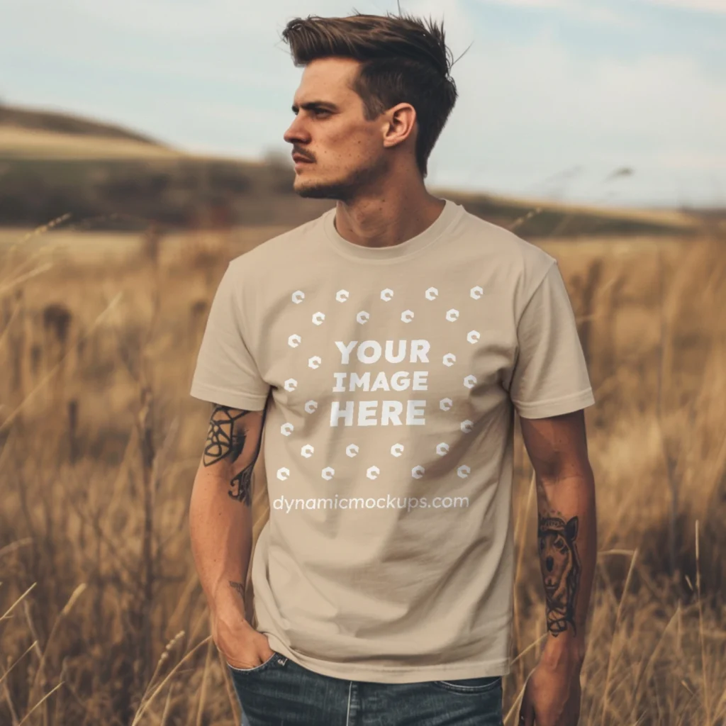 Man Wearing Beige T-shirt Mockup Front View Template