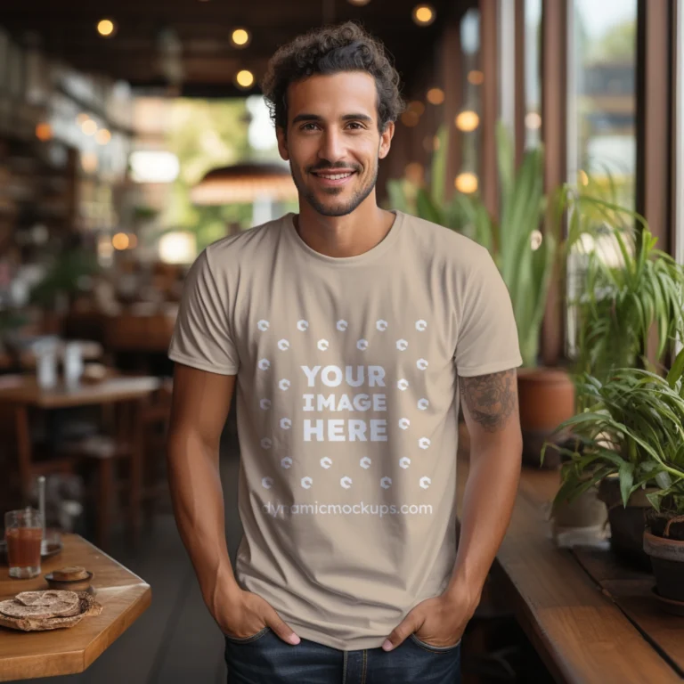 Man Wearing Beige T-shirt Mockup Front View Template