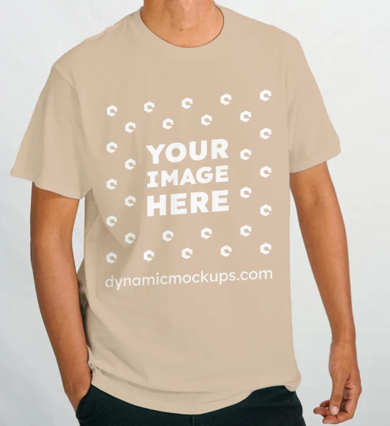 Man Wearing Beige T-shirt Mockup Front View Template