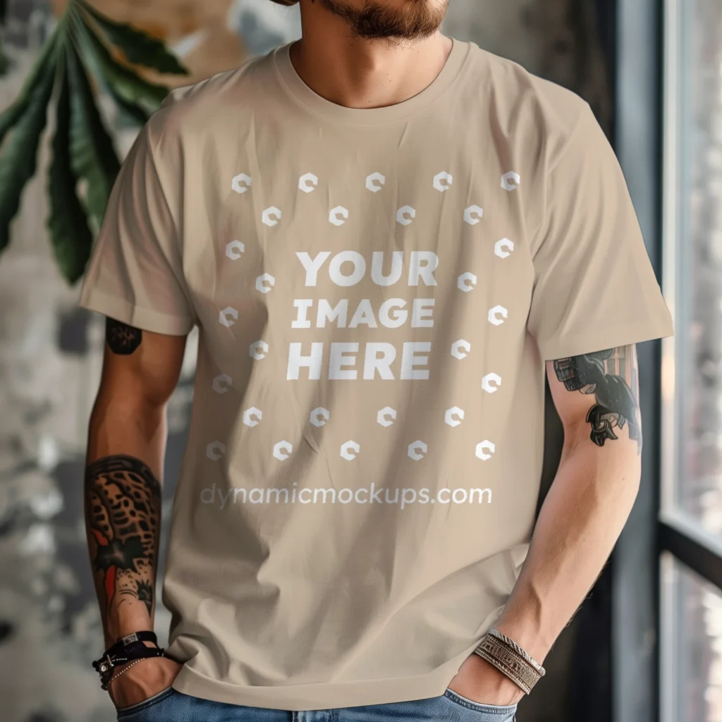 Man Wearing Beige T-shirt Mockup Front View Template