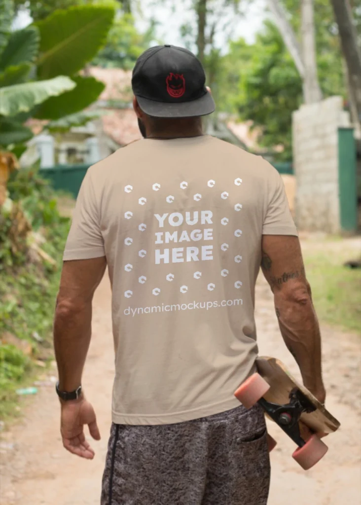 Man Wearing Beige T-shirt Mockup Back View Template