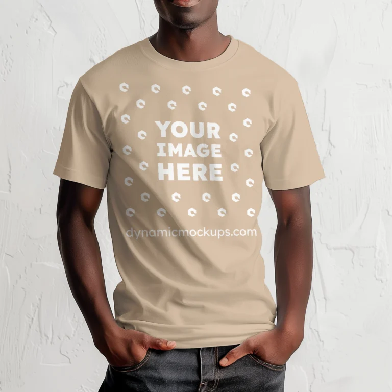 Man Wearing Beige T-shirt Mockup Front View Template