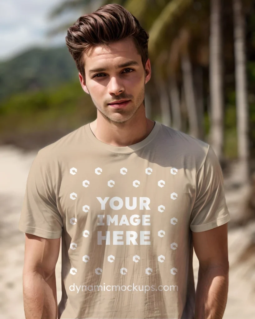 Man Wearing Beige T-shirt Mockup Front View Template