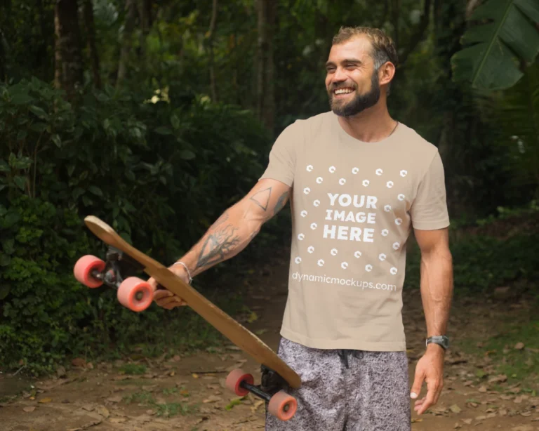 Man Wearing Beige T-shirt Mockup Front View Template