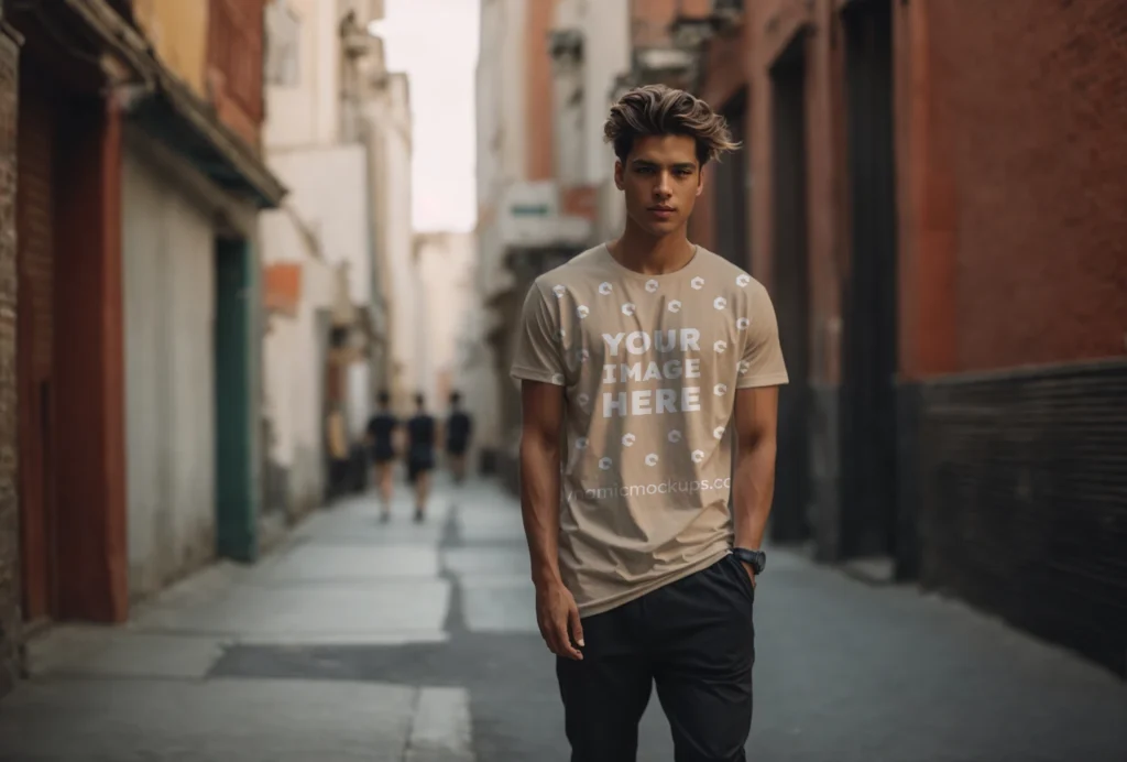 Man Wearing Beige T-shirt Mockup Front View Template