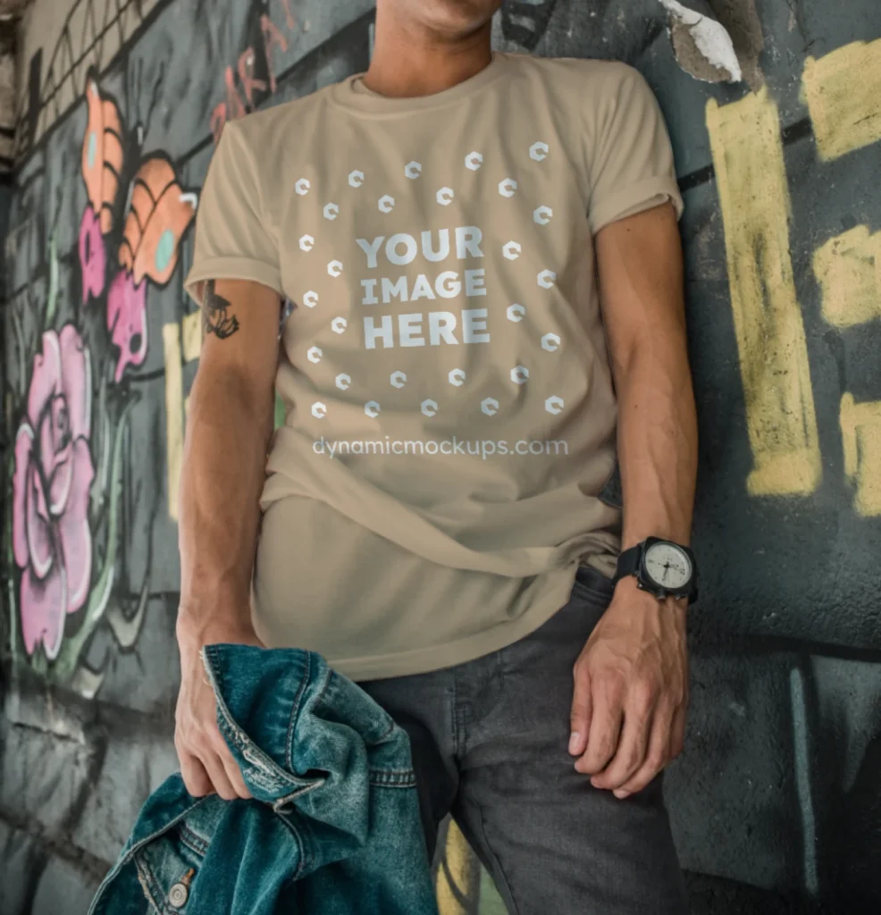 Man Wearing Beige T-shirt Mockup Front View Template