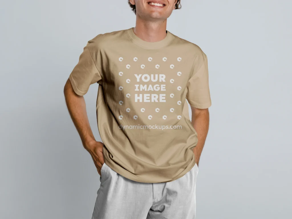 Man Wearing Beige T-shirt Mockup Front View Template