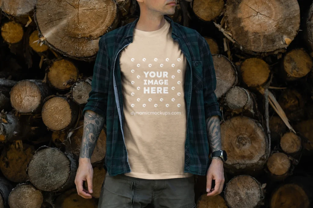 Man Wearing Beige T-shirt Mockup Front View Template