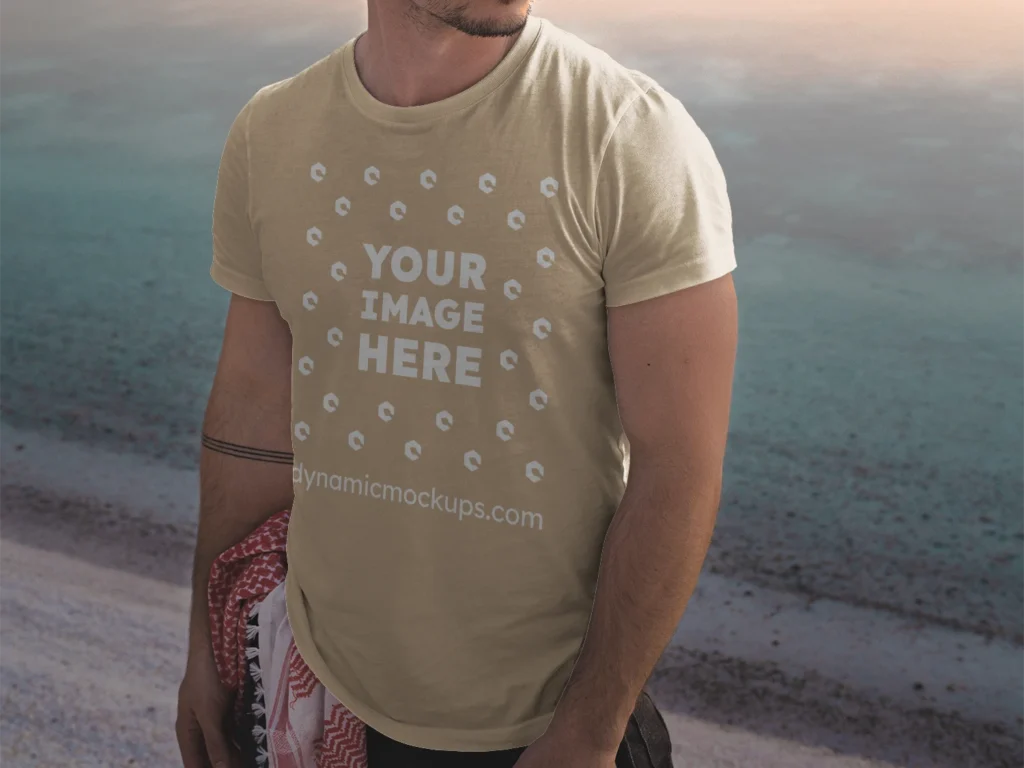 Man Wearing Beige T-shirt Mockup Front View Template