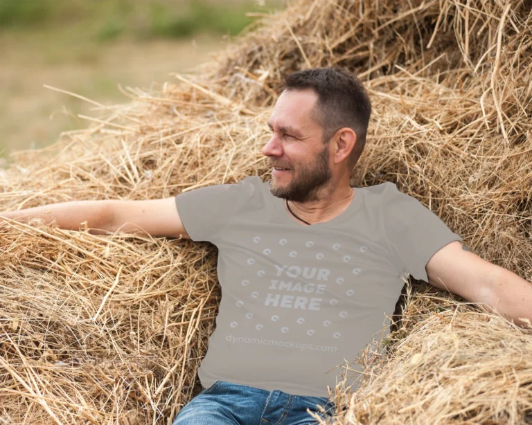 Man Wearing Beige T-shirt Mockup Front View Template