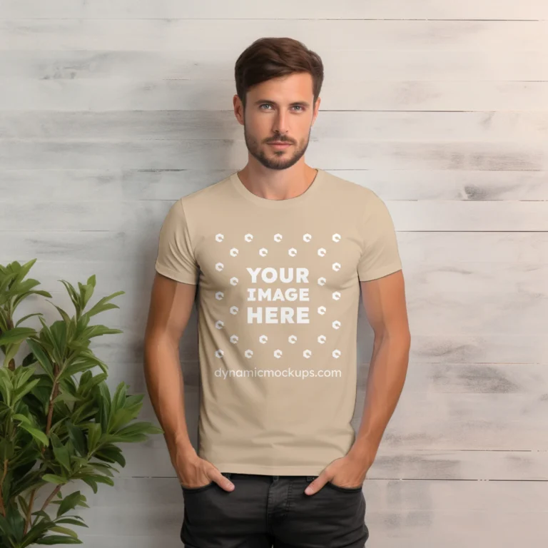 Man Wearing Beige T-shirt Mockup Front View Template