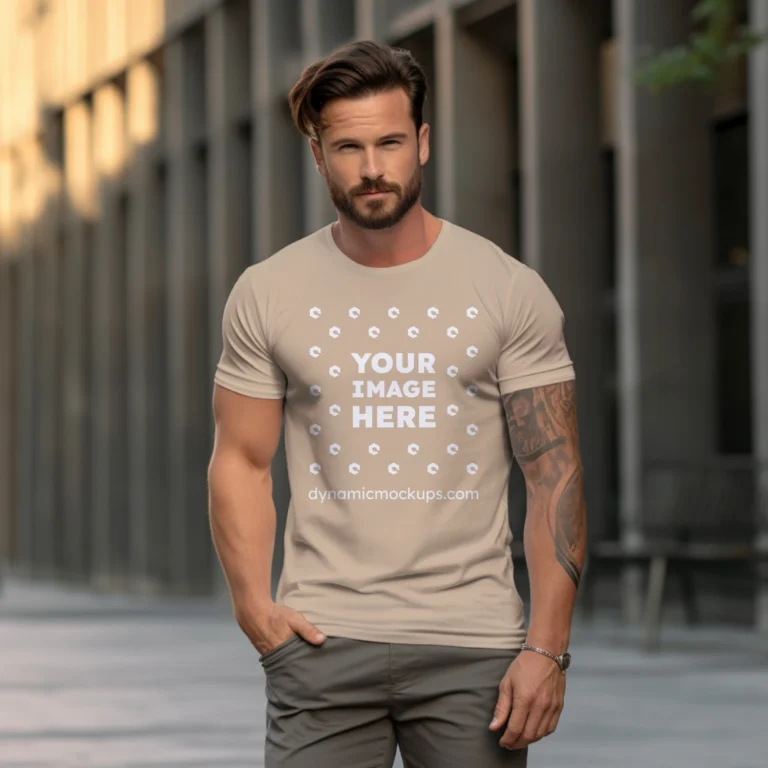 Man Wearing Beige T-shirt Mockup Front View Template