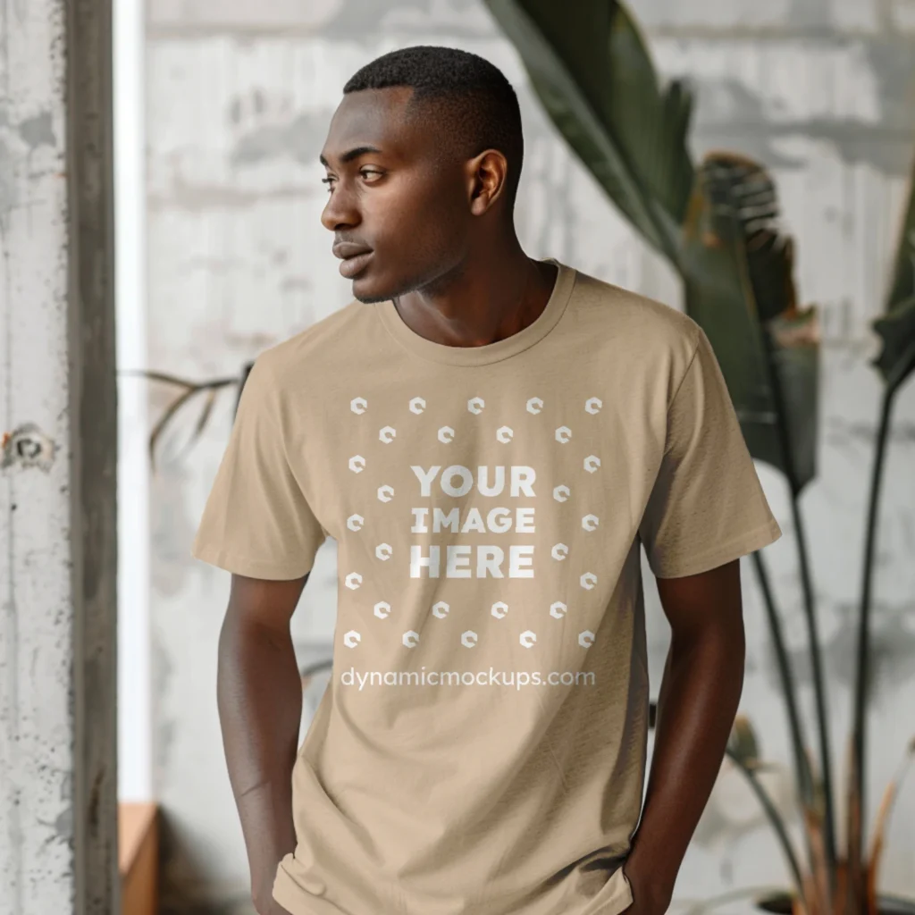 Man Wearing Beige T-shirt Mockup Front View Template