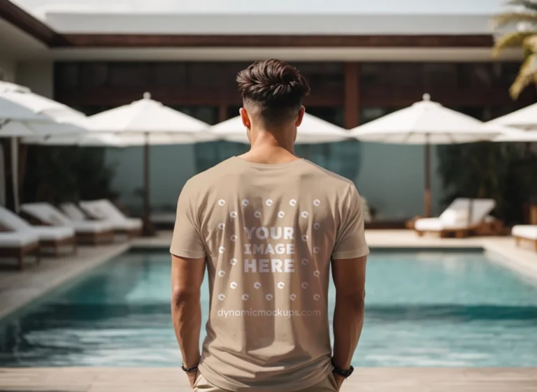 Man Wearing Beige T-shirt Mockup Back View Template