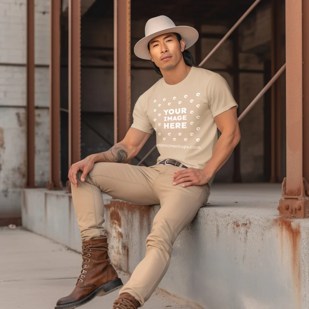 Man Wearing Beige T-shirt Mockup Front View Template