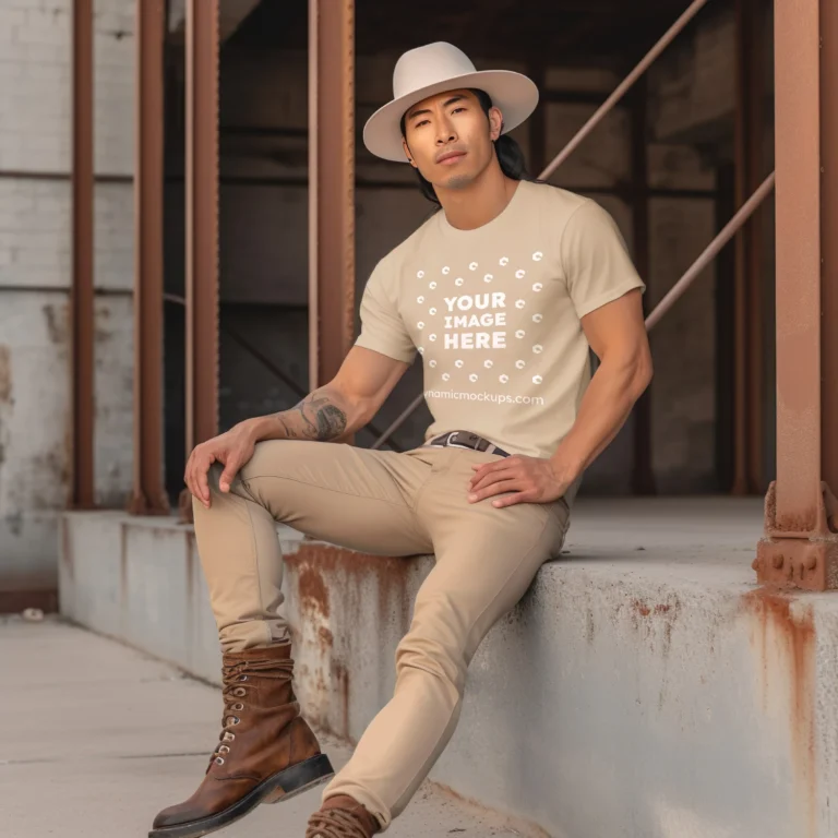 Man Wearing Beige T-shirt Mockup Front View Template