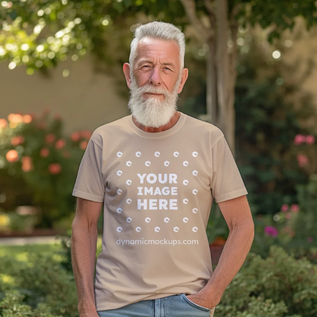 Man Wearing Beige T-shirt Mockup Front View Template