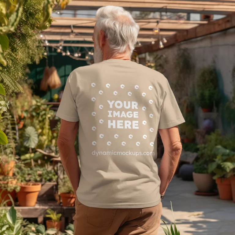 Man Wearing Beige T-shirt Mockup Back View Template