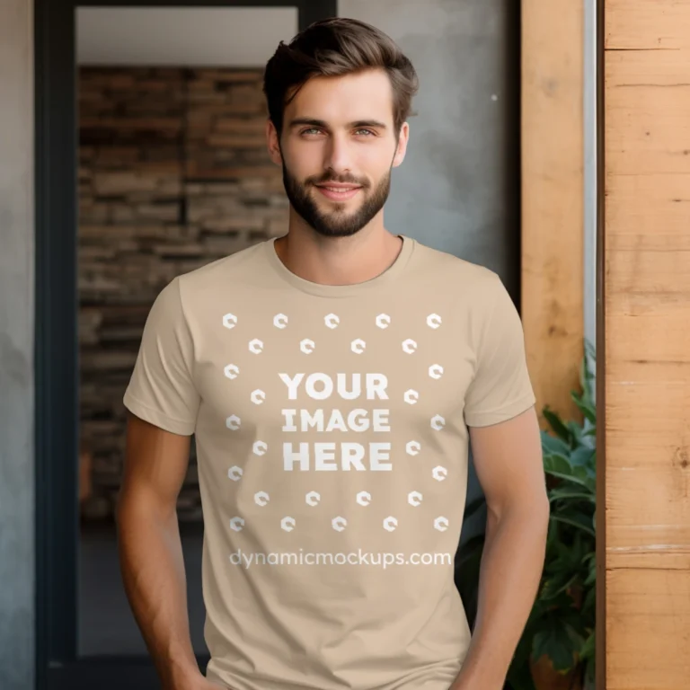 Man Wearing Beige T-shirt Mockup Front View Template