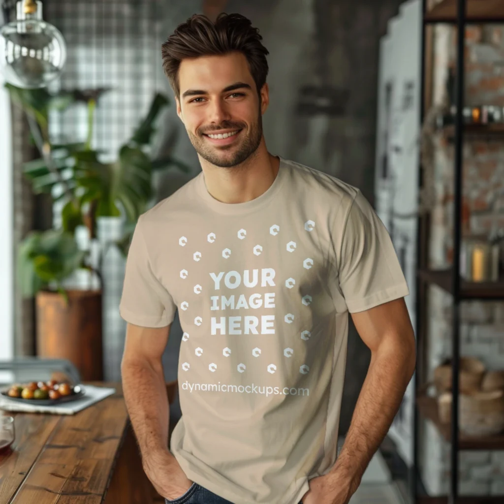 Man Wearing Beige T-shirt Mockup Front View Template