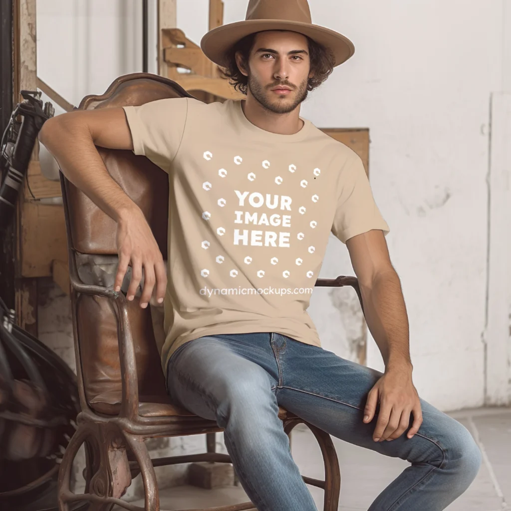 Man Wearing Beige T-shirt Mockup Front View Template