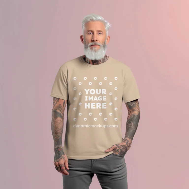 Man Wearing Beige T-shirt Mockup Front View Template