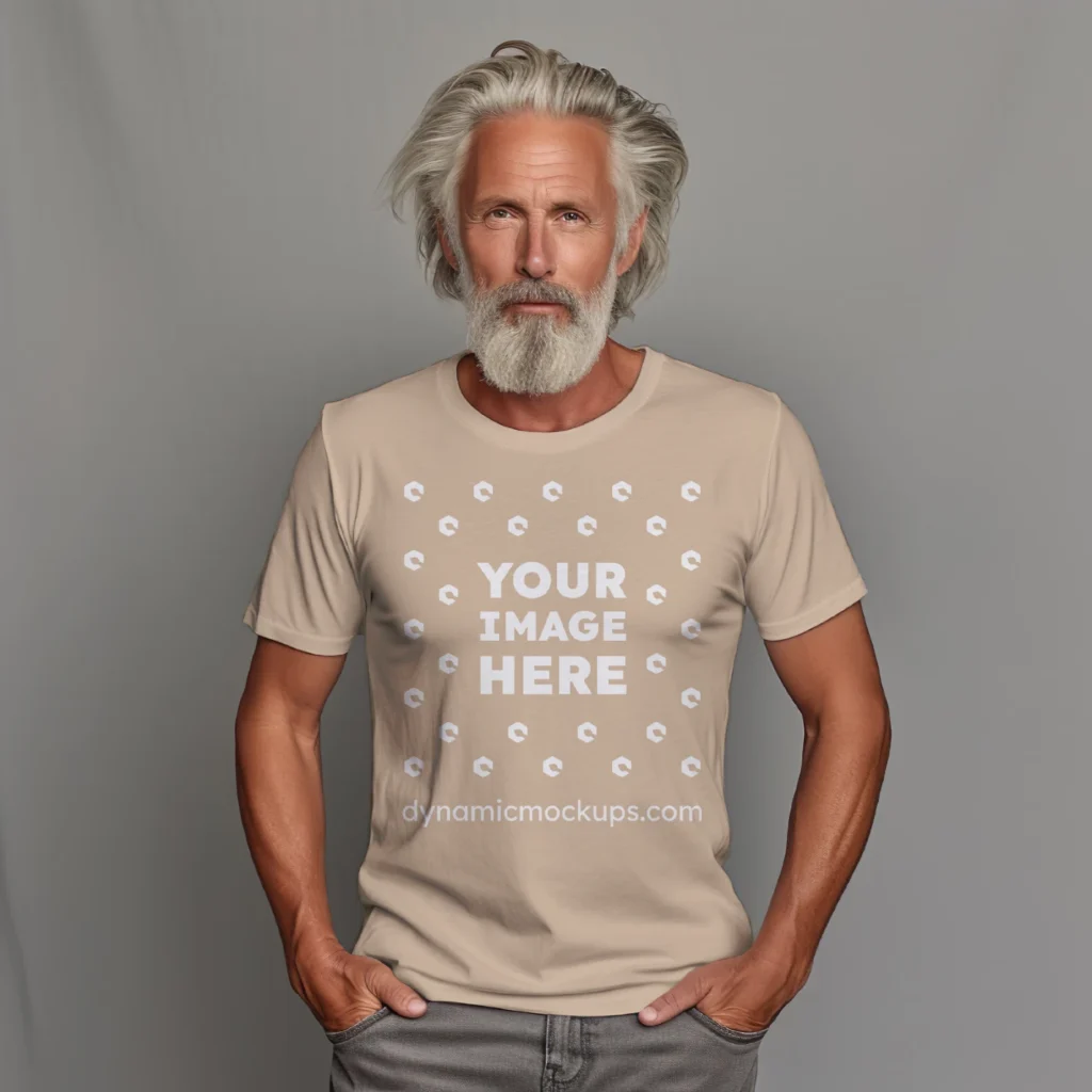 Man Wearing Beige T-shirt Mockup Front View Template