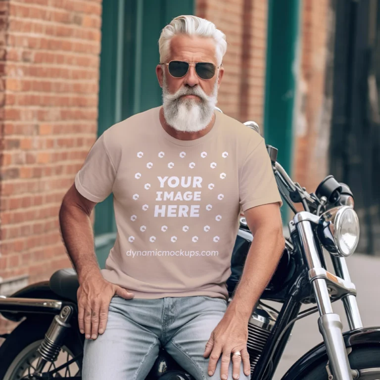 Man Wearing Beige T-shirt Mockup Front View Template