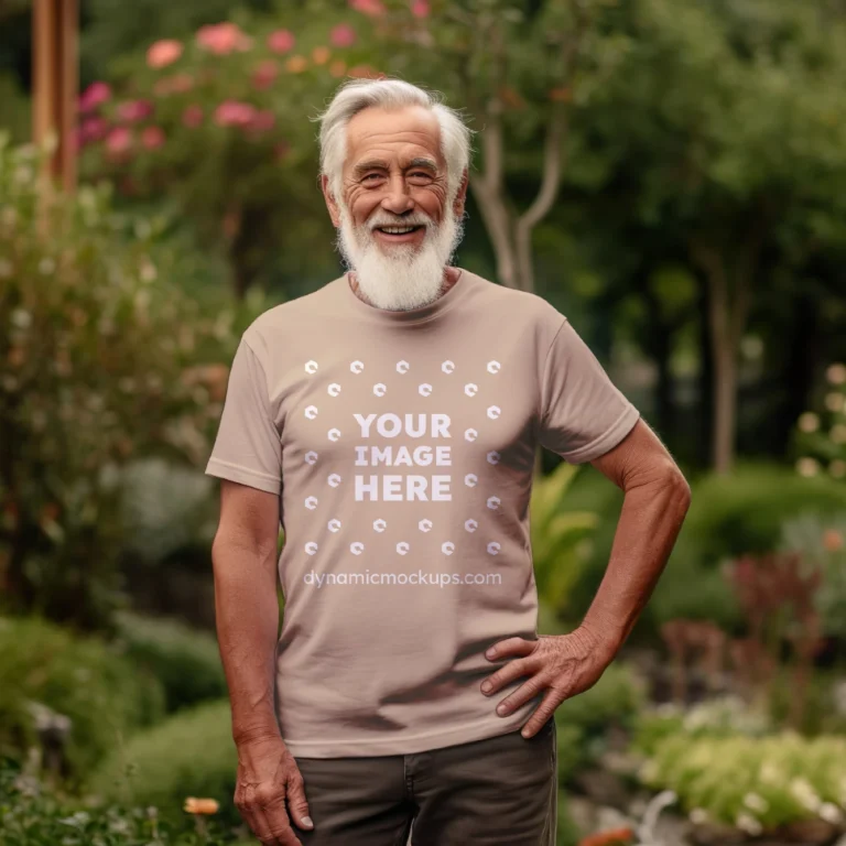 Man Wearing Beige T-shirt Mockup Front View Template