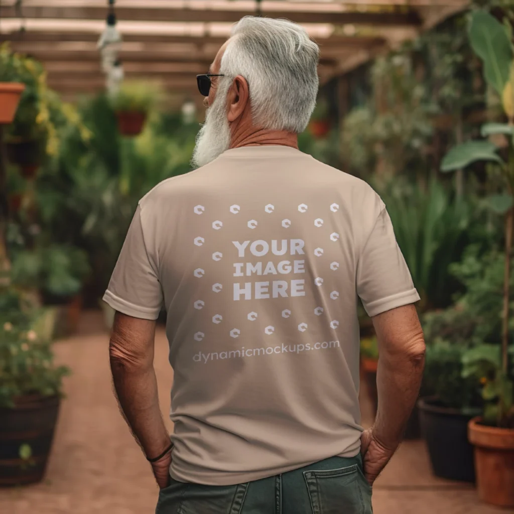 Man Wearing Beige T-shirt Mockup Back View Template