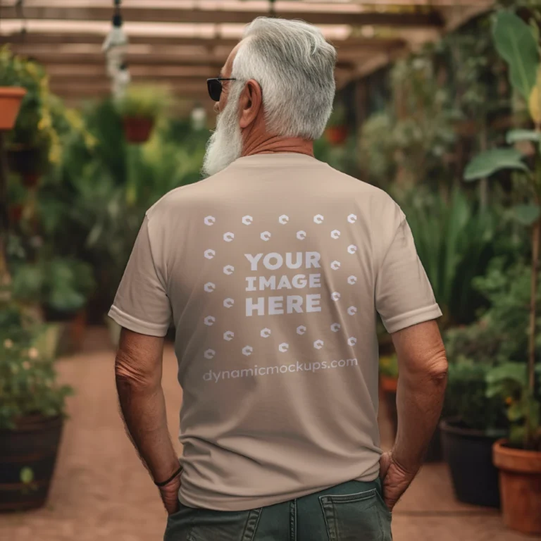 Man Wearing Beige T-shirt Mockup Back View Template