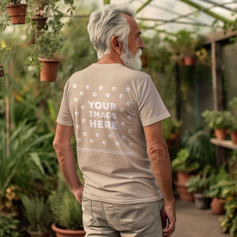 Man Wearing Beige T-shirt Mockup Back View Template