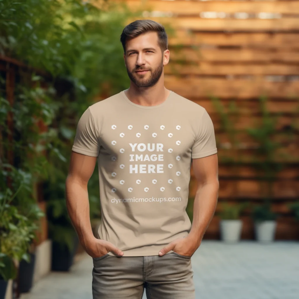 Man Wearing Beige T-shirt Mockup Front View Template