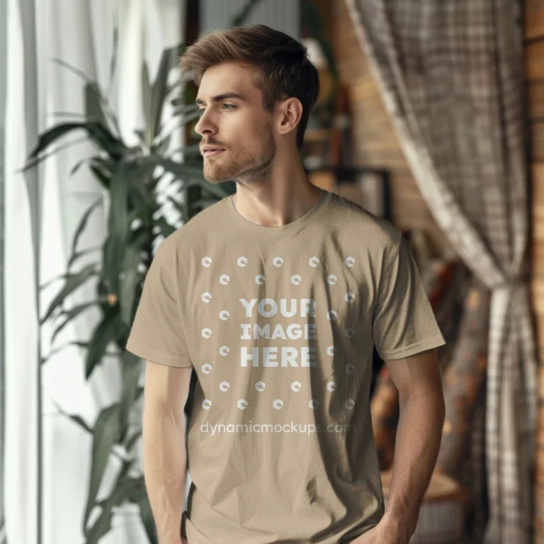 Man Wearing Beige T-shirt Mockup Front View Template