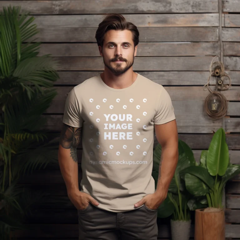 Man Wearing Beige T-shirt Mockup Front View Template