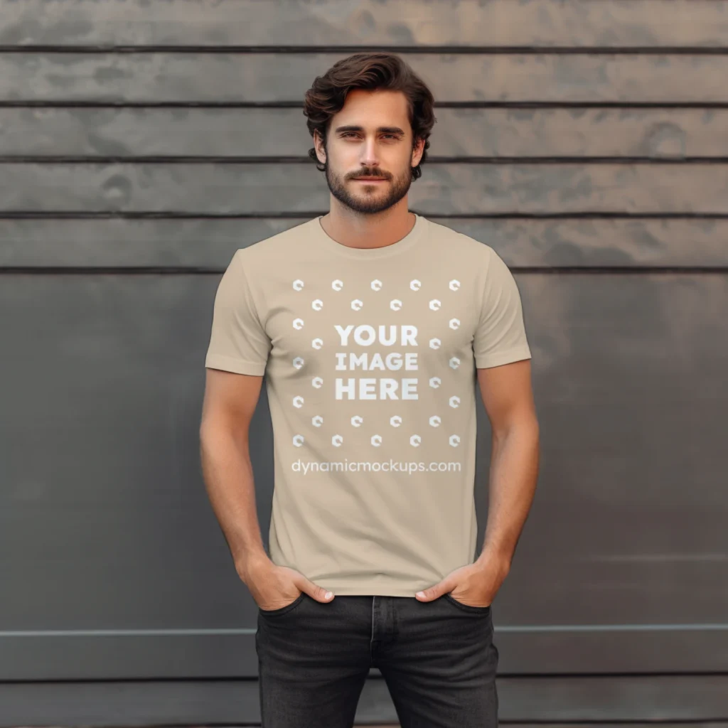 Man Wearing Beige T-shirt Mockup Front View Template