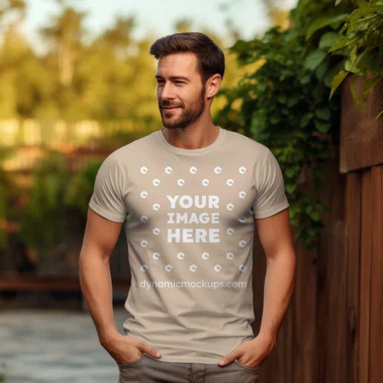 Man Wearing Beige T-shirt Mockup Front View Template