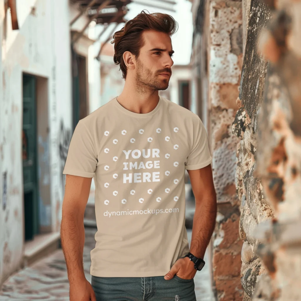 Man Wearing Beige T-shirt Mockup Front View Template