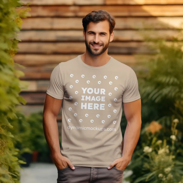 Man Wearing Beige T-shirt Mockup Front View Template