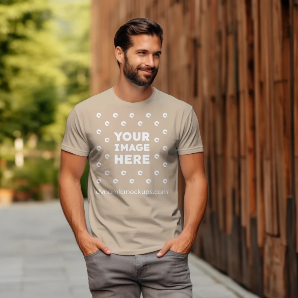 Man Wearing Beige T-shirt Mockup Front View Template